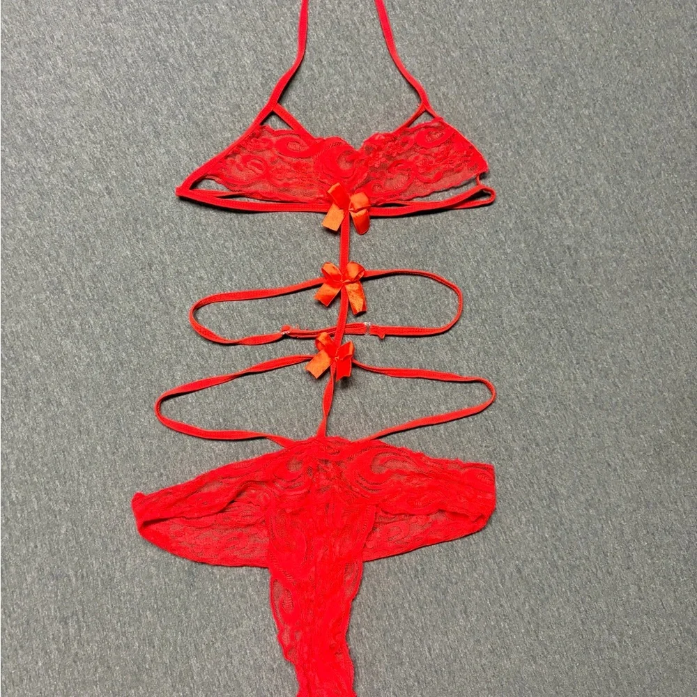 Strappy Red Lace Lingerie Set - Picture 1 of 4